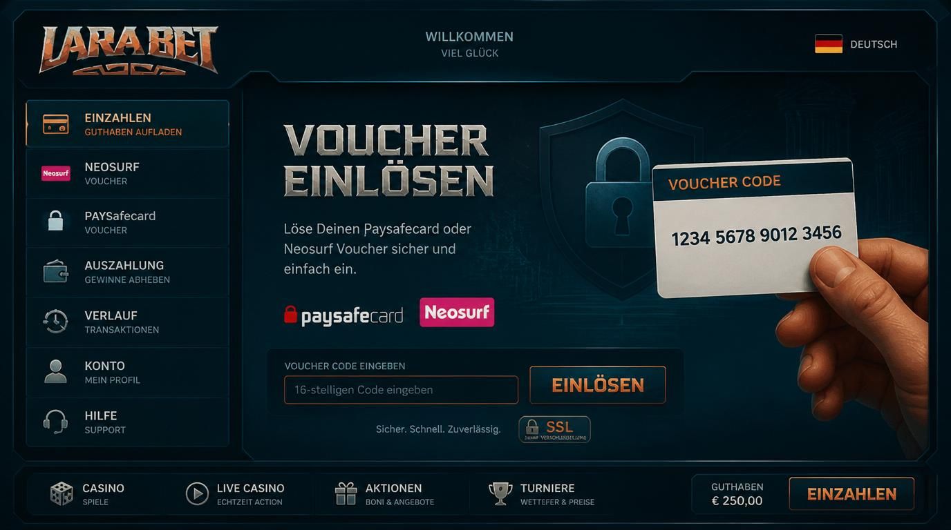 Prepaid-Voucher mit Paysafecard-Code und SSL-Schloss vor dunklem Casino-Dashboard