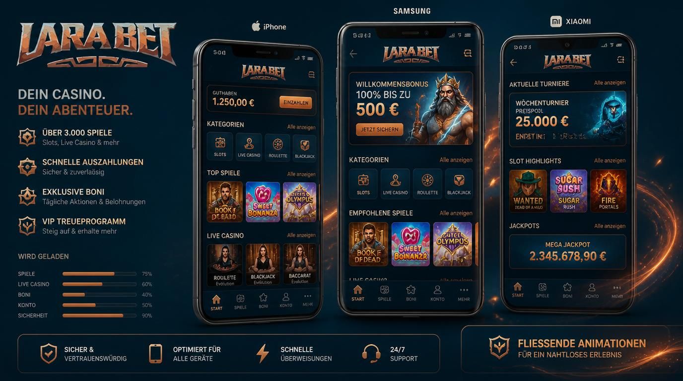 Ein Screenshot zeigt LaraBet Casino flüssig auf iPhone, Samsung und Xiaomi mit kurzen Ladezeiten und glatten Interface-Animationen