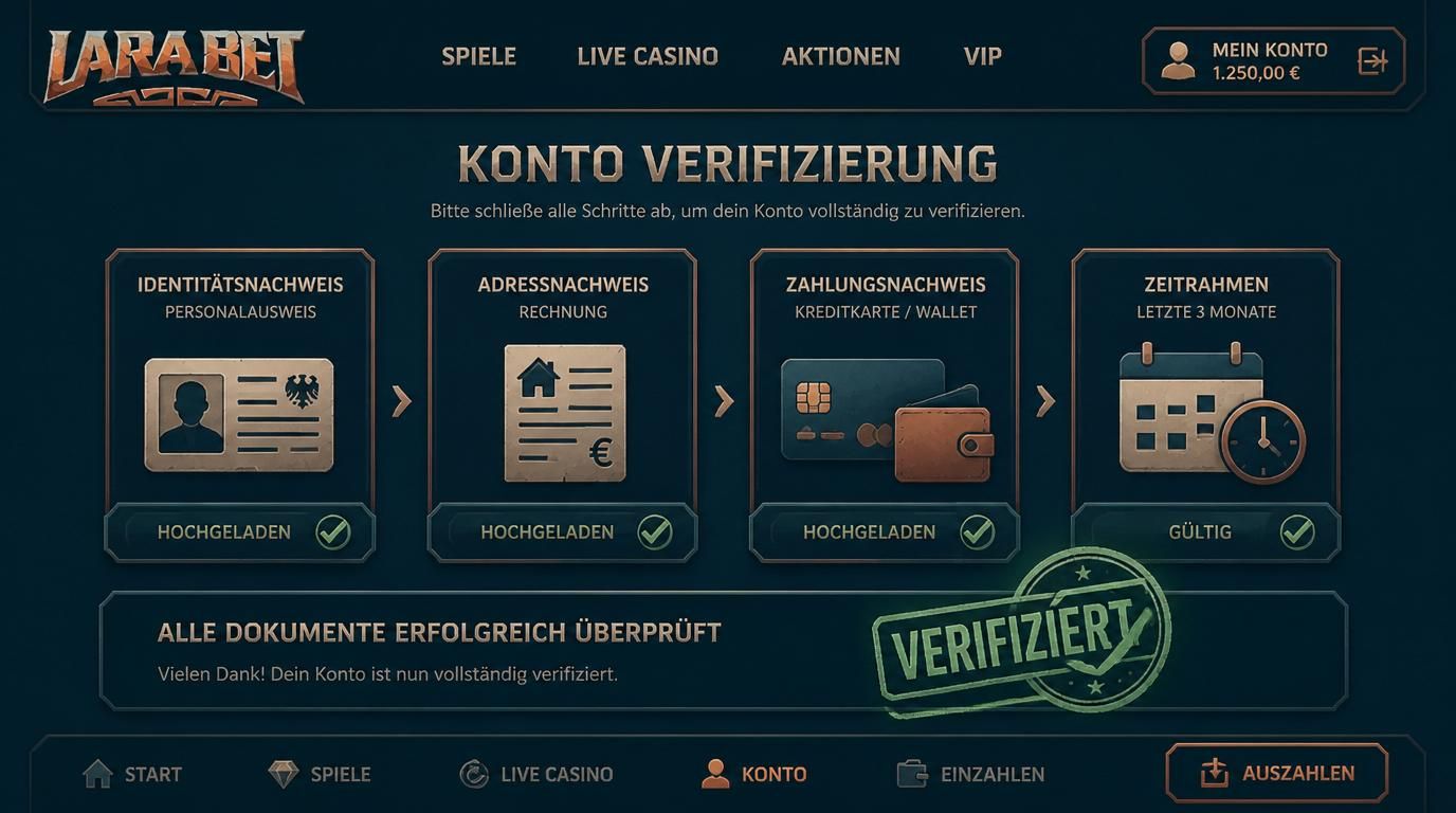 Casino-Benutzeroberfläche mit Dokumenten zur Kontoverifizierung und einem großen Stempel „Verifiziert“
