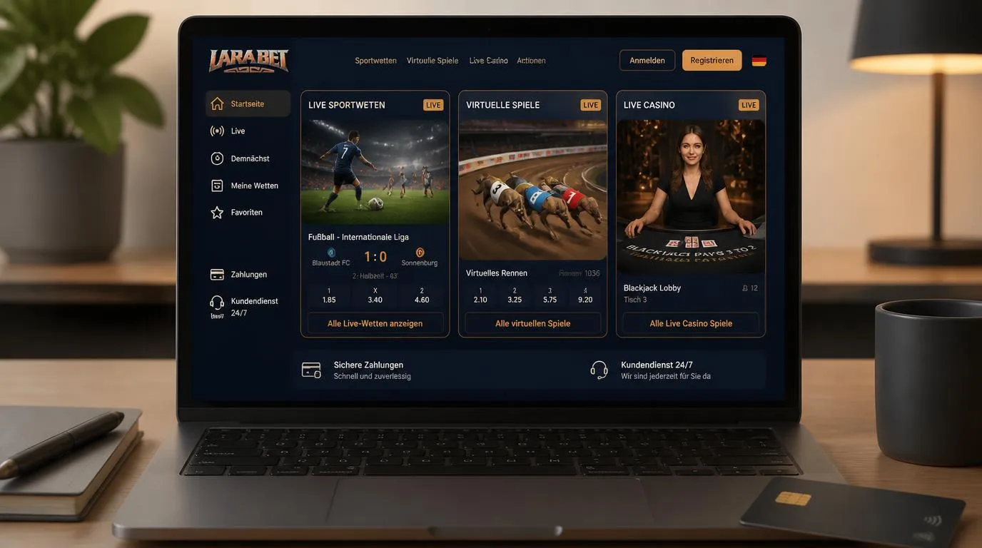 Laptop mit Sportwetten, Live-Dealer-Tisch sowie Symbolen für Zahlungen und Kundenservice