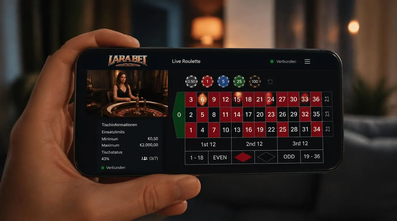 Smartphone mit Live-Roulette-Lobby, sichtbaren Tischlimits und laufender Dealer-Übertragung