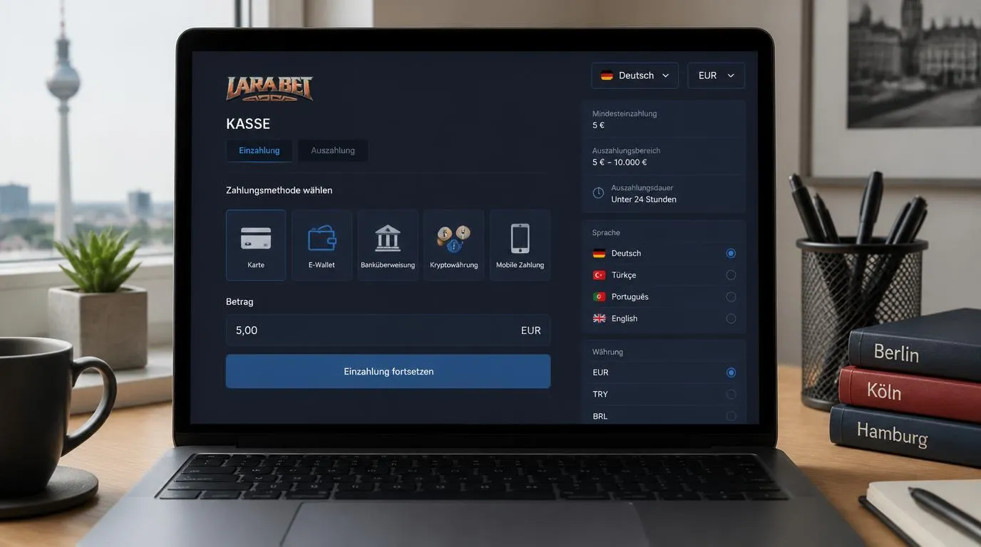 Casino-Kasse mit Zahlungsarten, Euro-Beträgen und auswählbaren Sprachen auf einem Laptop