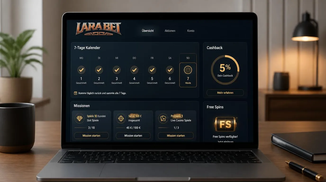 Casino-Aktionsübersicht mit Wochenkalender, Cashback-Anzeige und drei Aufgaben für Freispiele