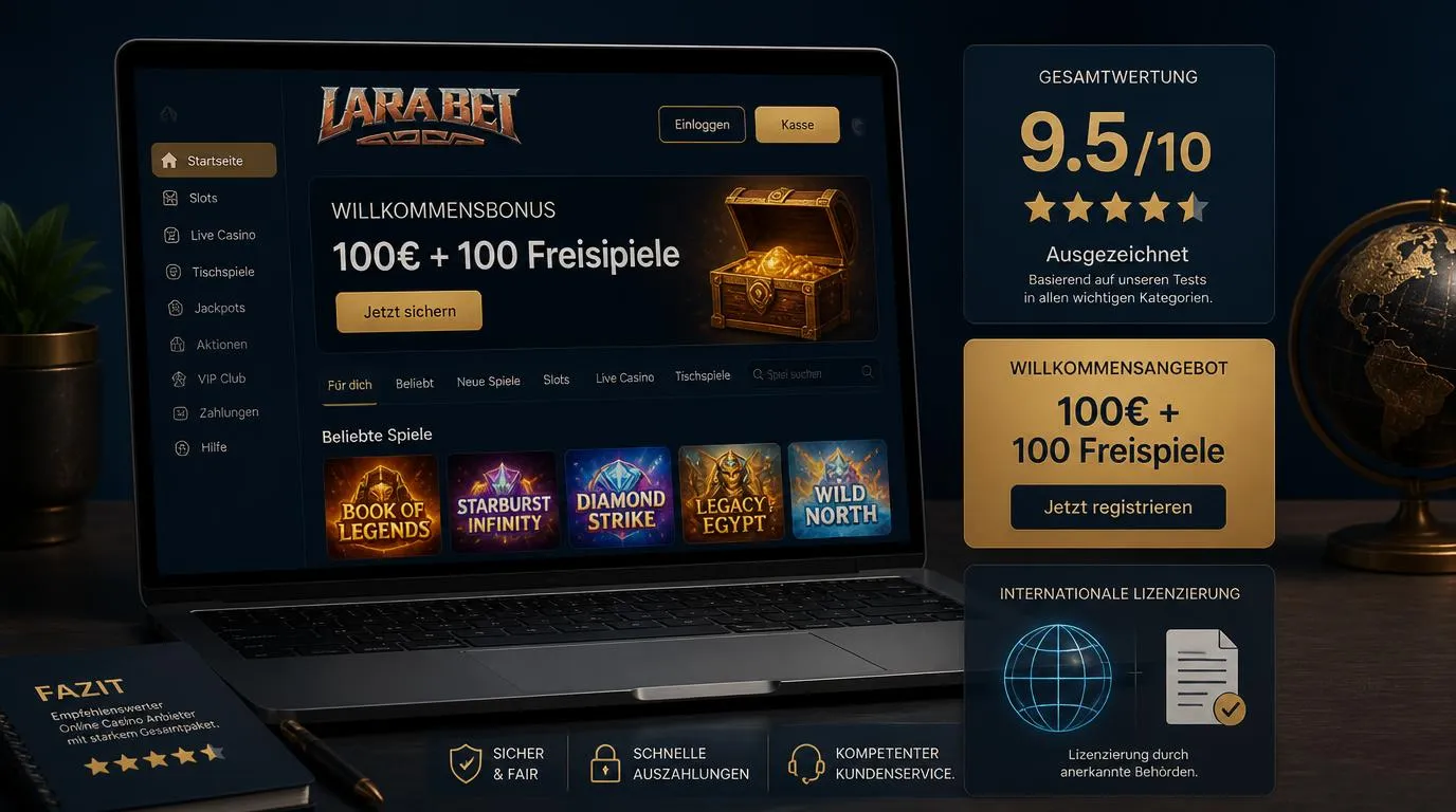 Casino-Oberfläche mit Bewertung, Willkommensangebot und gut sichtbarem Zugang zur Kasse